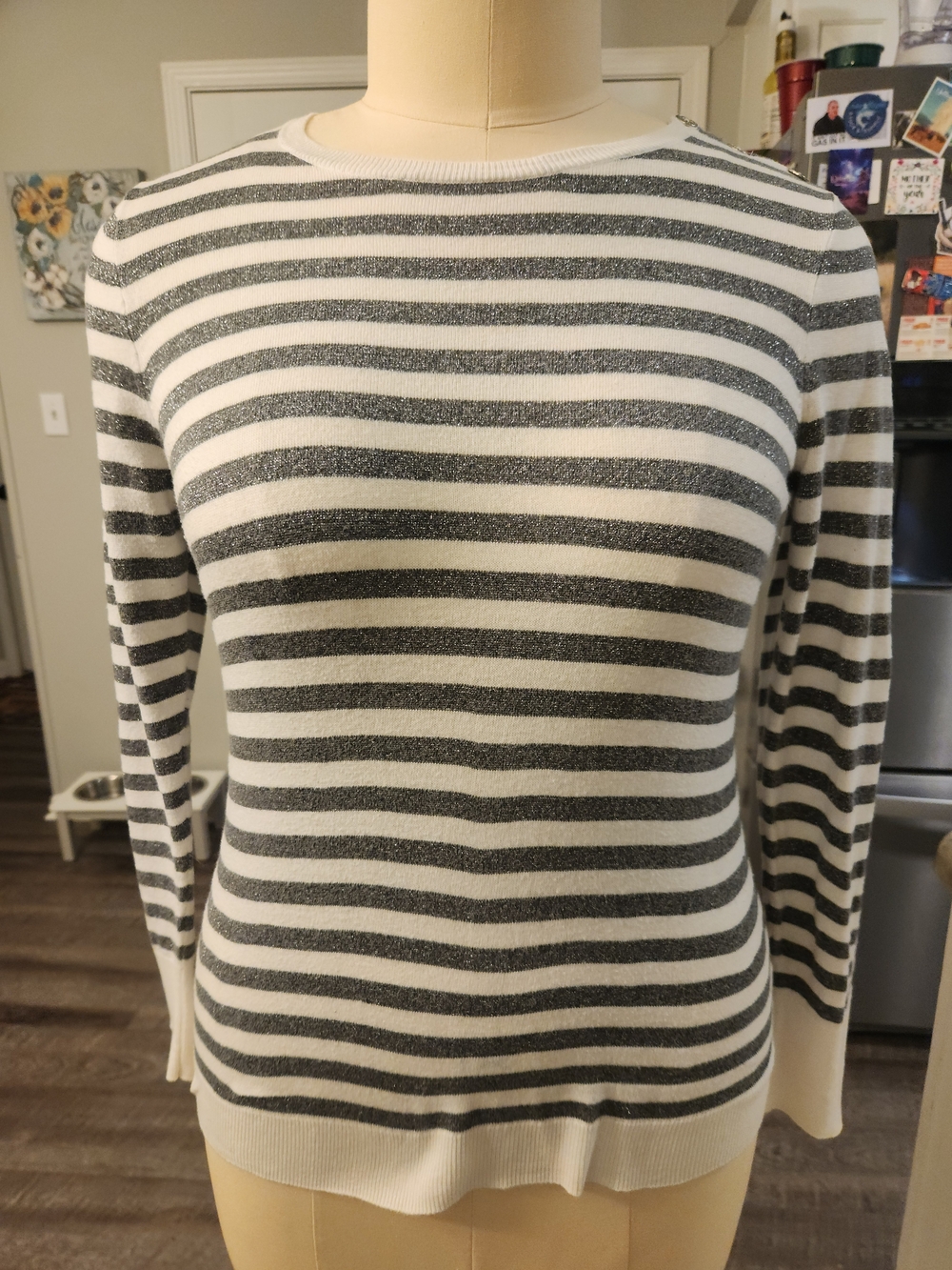 Nautica White & Gray Striped Crewneck Sweater